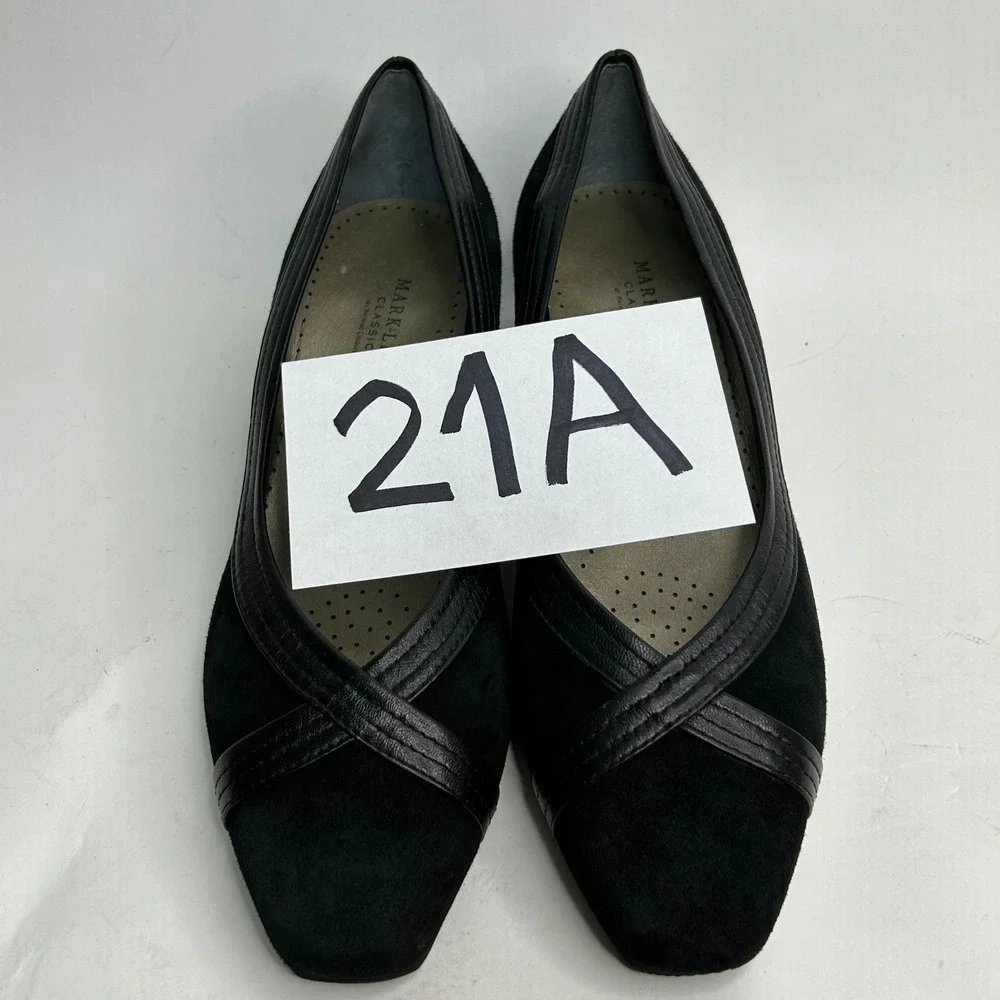 Mark Lemp Classics Walking Cradles Black Suede Leather Square‎ Toe Pumps 10M
